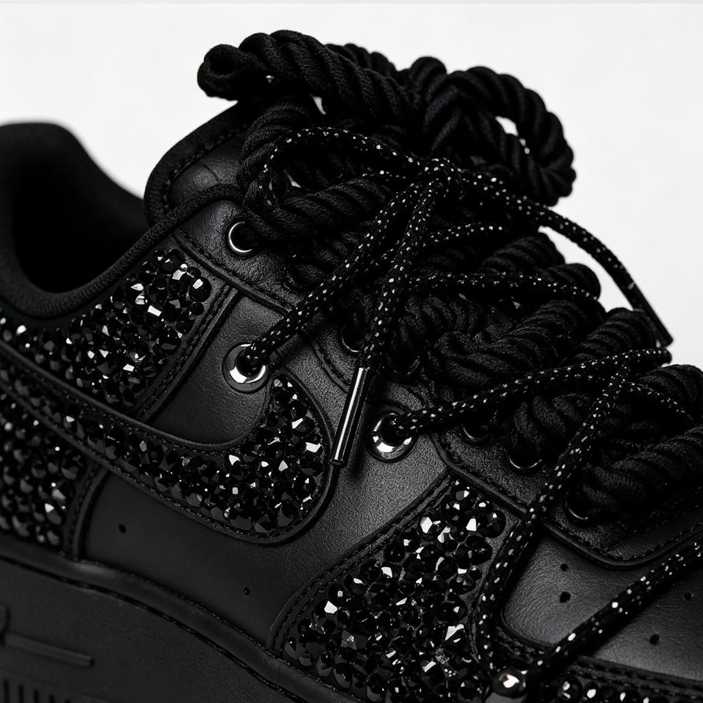 Black Crystal AF1 Custom Sneakers, Dark Luxury Party Footwear, Unique Gift for Birthday & Graduation