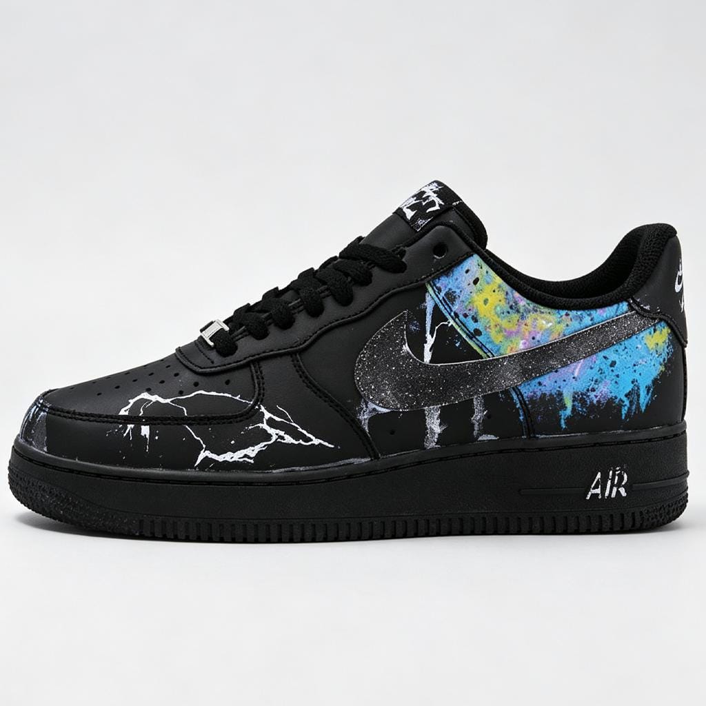 Custom AF1 Shoes, Black Nebula Lightning Air Force 1, Cosmic Streetwear Sneakers, Customized Footwear, Birthday Graduation Gift