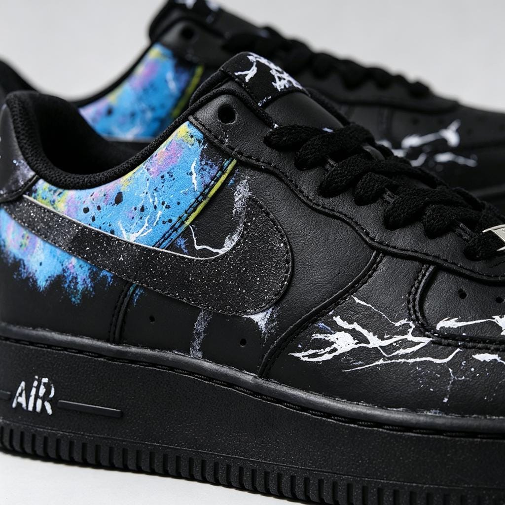 Custom AF1 Shoes, Black Nebula Lightning Air Force 1, Cosmic Streetwear Sneakers, Customized Footwear, Birthday Graduation Gift