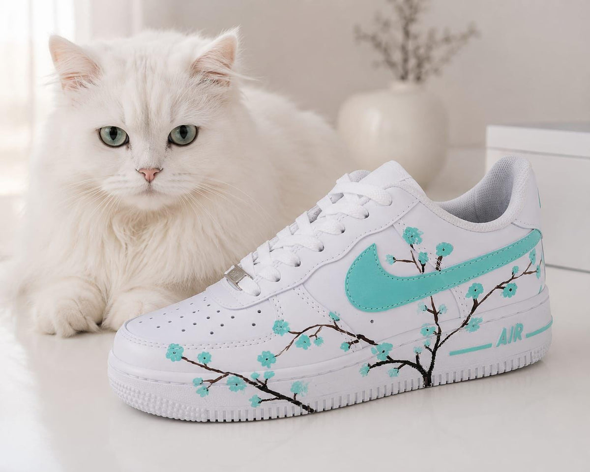 Air Force Style Custom Hand Painted Sneakers -Mint Cherry Blossom Shoes-Floral White Sneakers