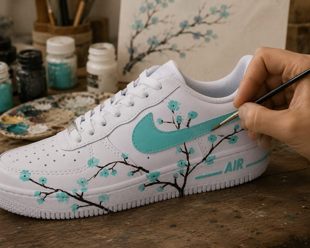 Air Force Style Custom Hand Painted Sneakers -Mint Cherry Blossom Shoes-Floral White Sneakers