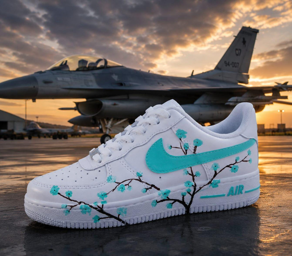 Air Force Style Custom Hand Painted Sneakers -Mint Cherry Blossom Shoes-Floral White Sneakers