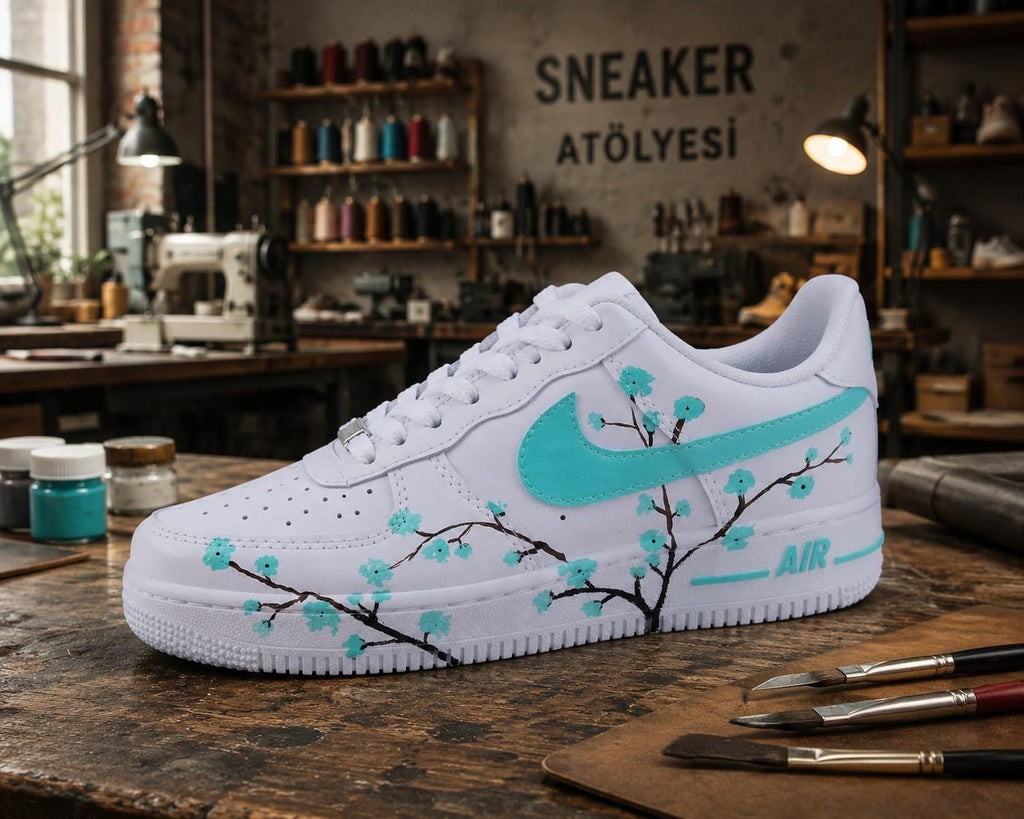 Air Force Style Custom Hand Painted Sneakers -Mint Cherry Blossom Shoes-Floral White Sneakers