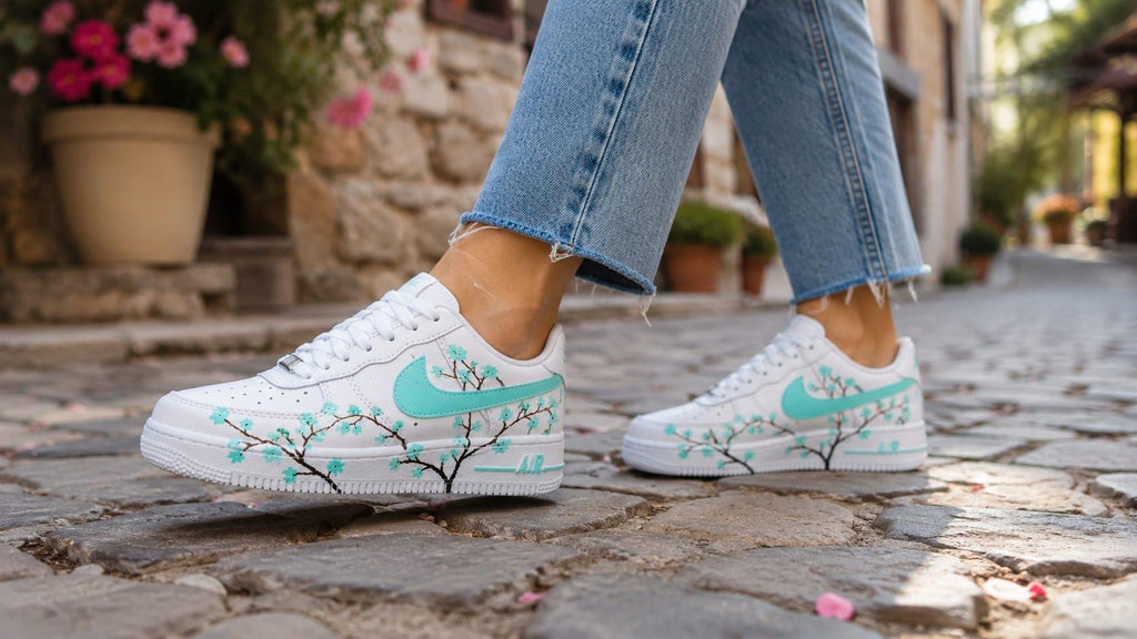 Air Force Style Custom Hand Painted Sneakers -Mint Cherry Blossom Shoes-Floral White Sneakers