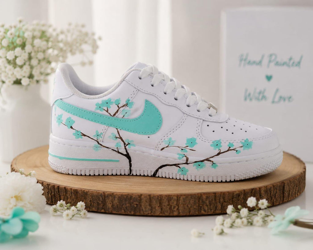Air Force Style Custom Hand Painted Sneakers -Mint Cherry Blossom Shoes-Floral White Sneakers