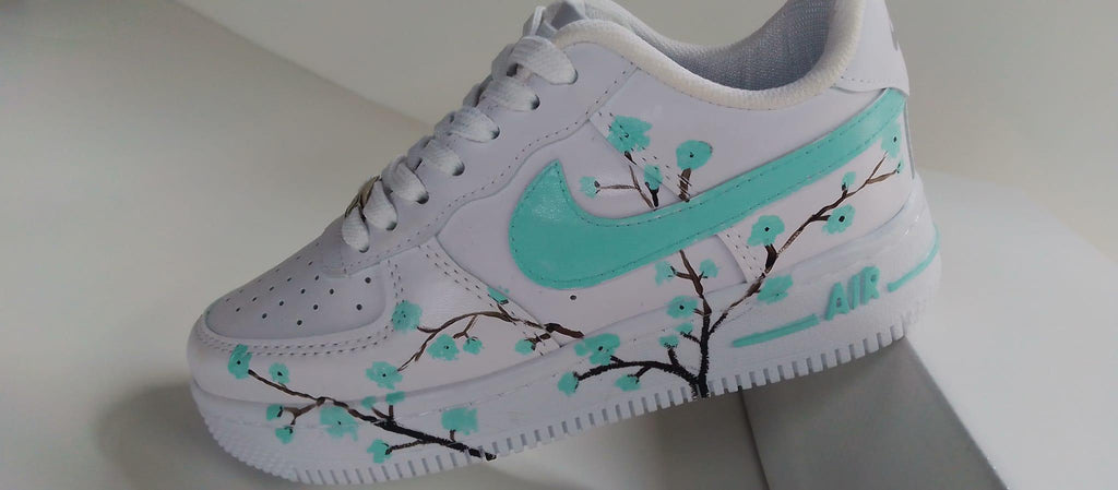 Air Force Style Custom Hand Painted Sneakers -Mint Cherry Blossom Shoes-Floral White Sneakers
