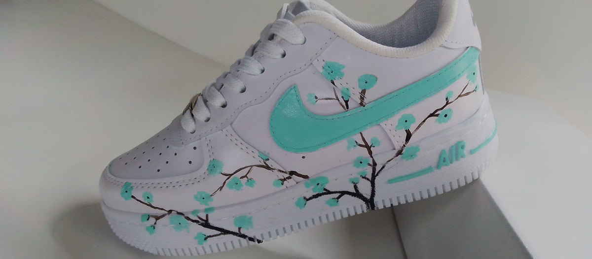 Air Force Style Custom Hand Painted Sneakers -Mint Cherry Blossom Shoes-Floral White Sneakers