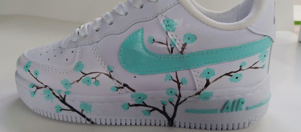 Air Force Style Custom Hand Painted Sneakers -Mint Cherry Blossom Shoes-Floral White Sneakers
