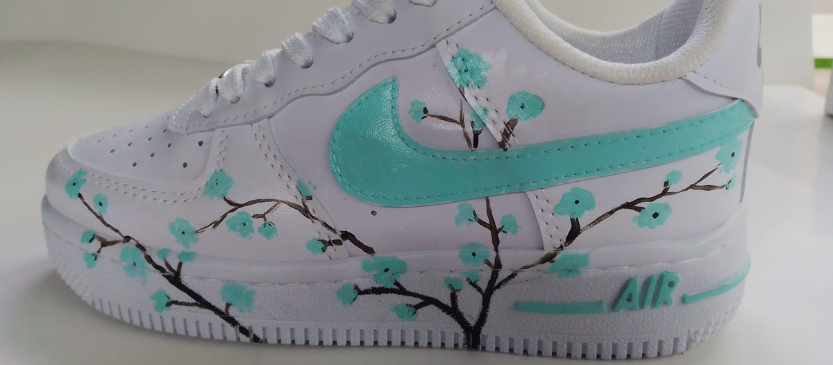 Air Force Style Custom Hand Painted Sneakers -Mint Cherry Blossom Shoes-Floral White Sneakers
