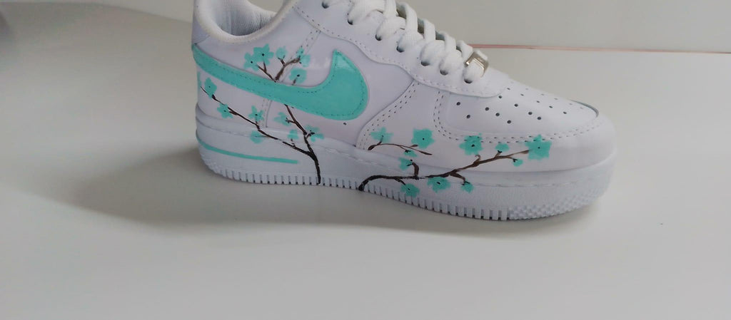 Air Force Style Custom Hand Painted Sneakers -Mint Cherry Blossom Shoes-Floral White Sneakers