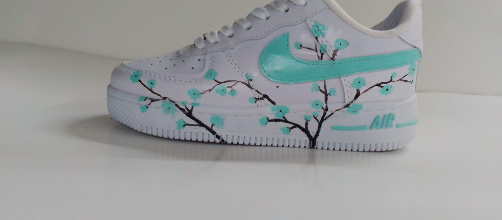 Air Force Style Custom Hand Painted Sneakers -Mint Cherry Blossom Shoes-Floral White Sneakers