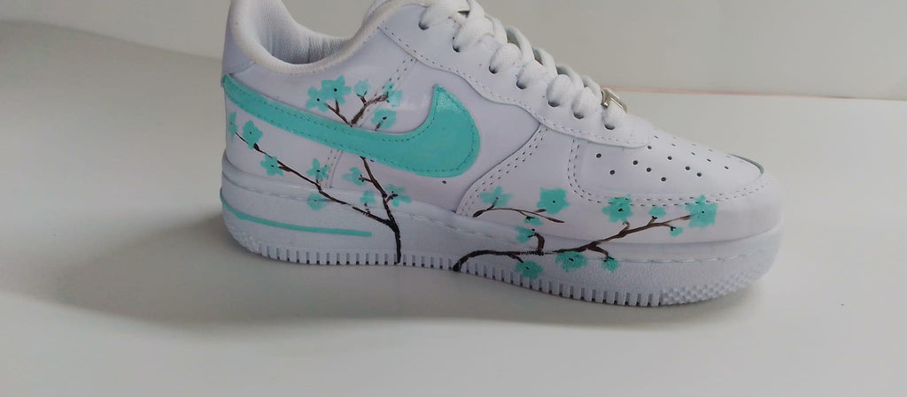 Air Force Style Custom Hand Painted Sneakers -Mint Cherry Blossom Shoes-Floral White Sneakers