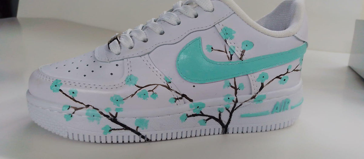 Air Force Style Custom Hand Painted Sneakers -Mint Cherry Blossom Shoes-Floral White Sneakers