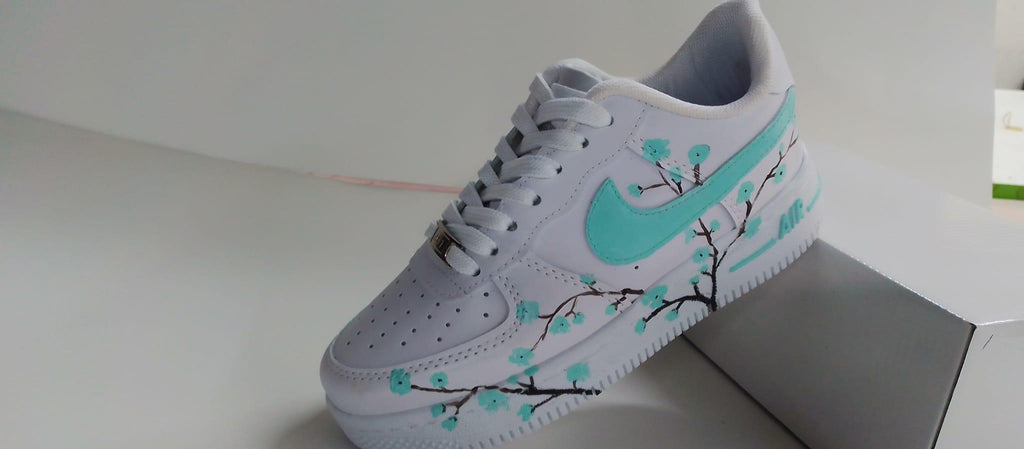Air Force Style Custom Hand Painted Sneakers -Mint Cherry Blossom Shoes-Floral White Sneakers