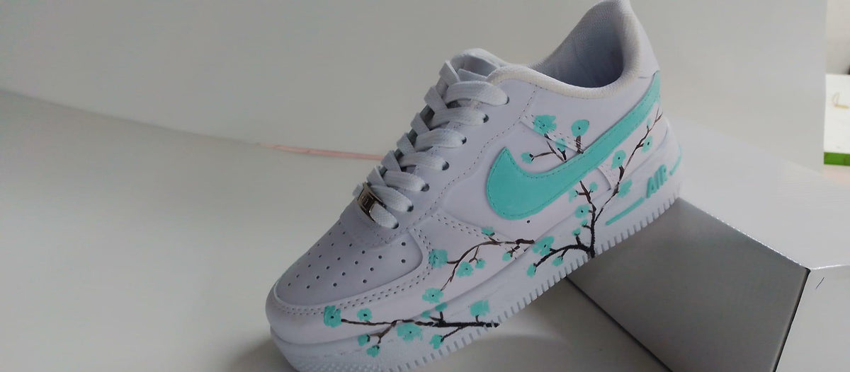 Air Force Style Custom Hand Painted Sneakers -Mint Cherry Blossom Shoes-Floral White Sneakers
