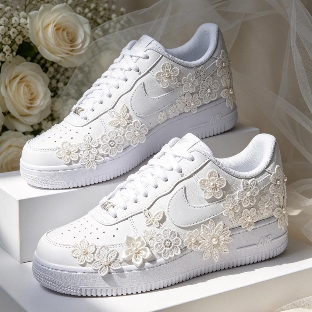 Custom Air Force 1 White Lace Floral Sneakers, Bridal Streetwear Kicks, Unique Designer Footwear for Wedding & Birthday