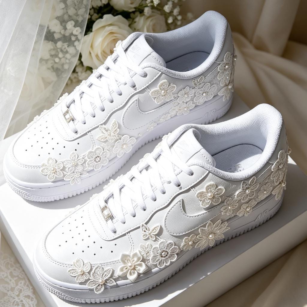 Custom Air Force 1 White Lace Floral Sneakers, Bridal Streetwear Kicks, Unique Designer Footwear for Wedding & Birthday