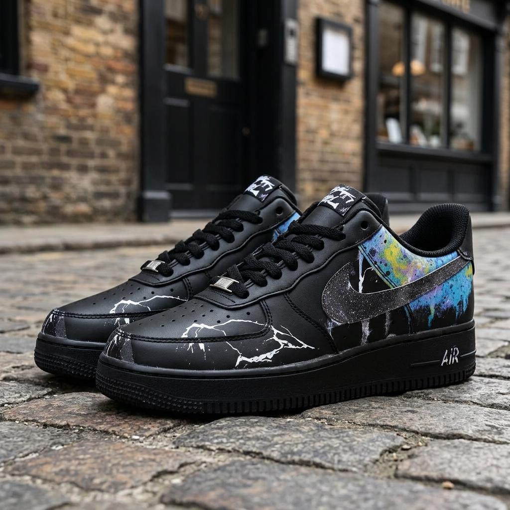Custom AF1 Shoes, Black Nebula Lightning Air Force 1, Cosmic Streetwear Sneakers, Customized Footwear, Birthday Graduation Gift