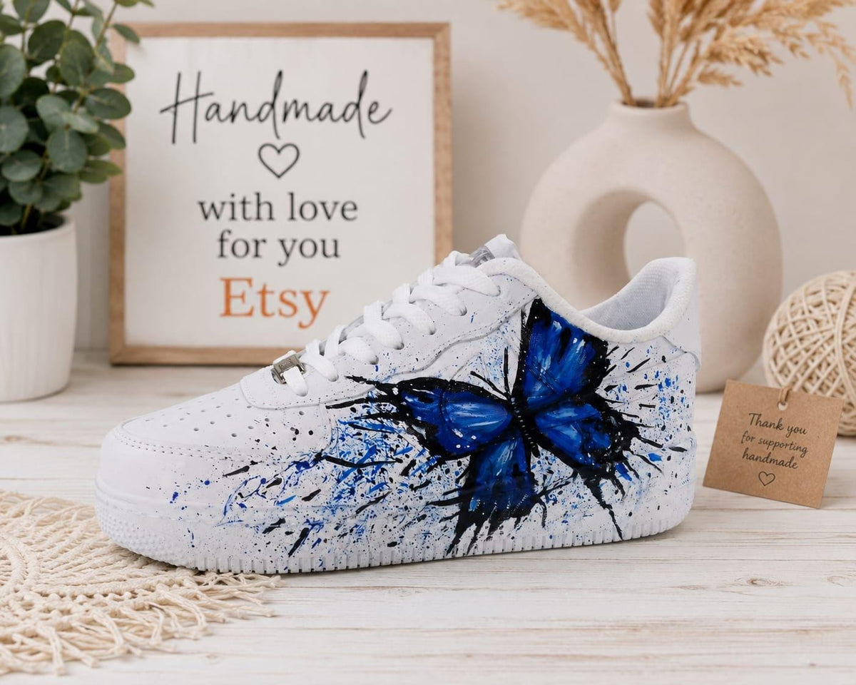 Air Force Style Hand Painted Blue Butterfly Sneakers-Custom Butterfly Shoes-Artistic Women’s Casual Shoes-Unigue Gift