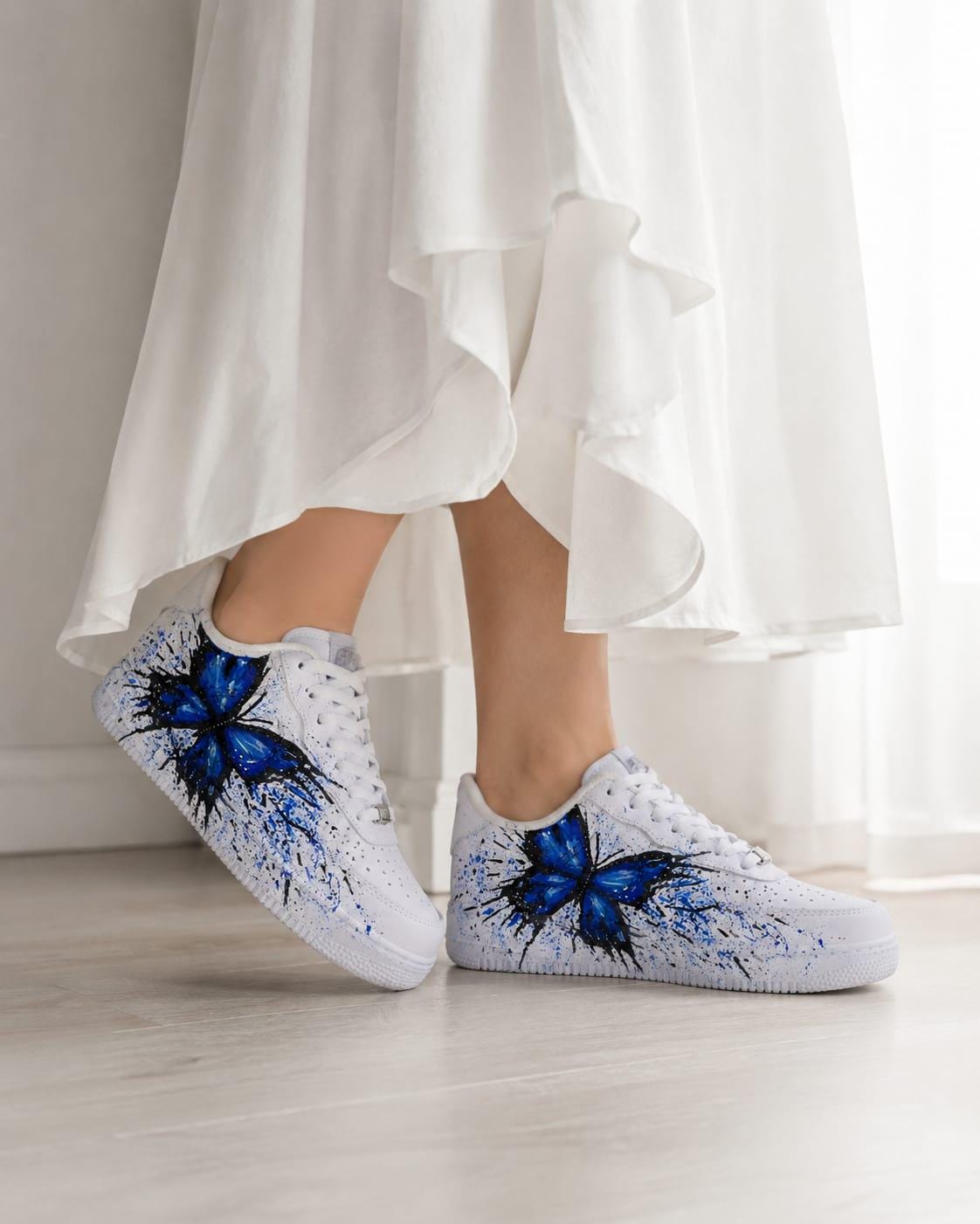 Air Force Style Hand Painted Blue Butterfly Sneakers-Custom Butterfly Shoes-Artistic Women’s Casual Shoes-Unigue Gift