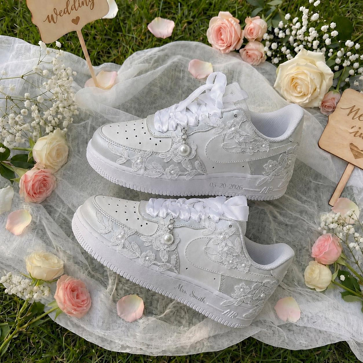 Bridal Wedding Sneakers | Handmade Lace & Pearl Custom Wedding Shoes for Bride, Personalized Name
