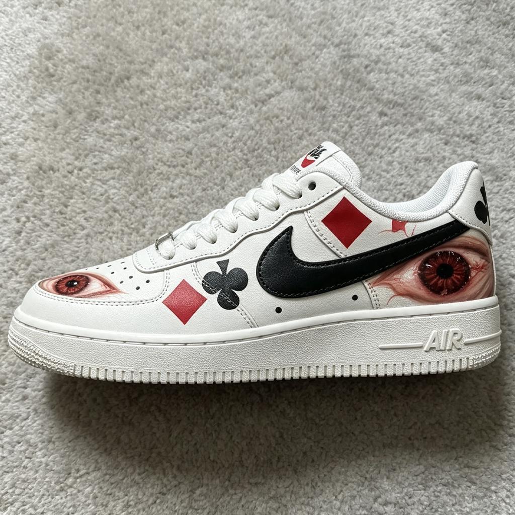 Custom AF1 Surreal Playing Cards Sneakers – Handcrafted Red And Black Suit Kicks – Unique Birthday And Holiday Gift Idea