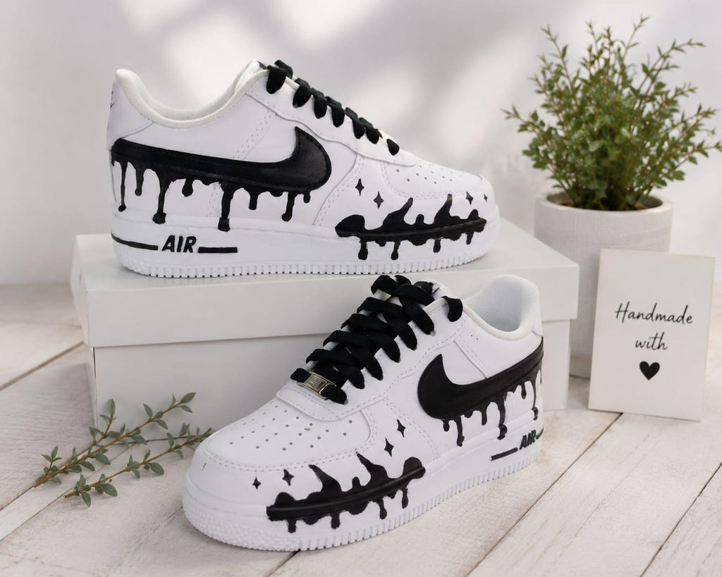 Air Force Style Custom Black Drip Sneakers-Hand Painted White Shoes -Unisex Streetwear Sneakers