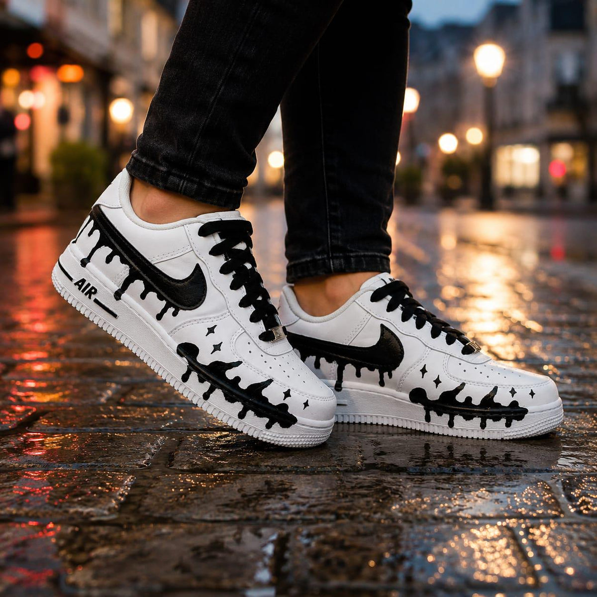 Air Force Style Custom Black Drip Sneakers-Hand Painted White Shoes -Unisex Streetwear Sneakers