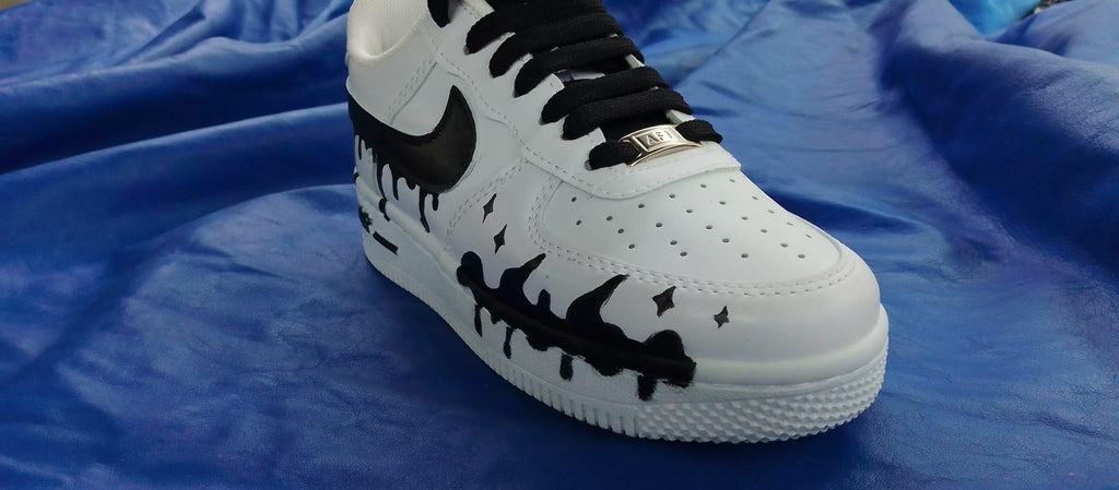Air Force Style Custom Black Drip Sneakers-Hand Painted White Shoes -Unisex Streetwear Sneakers