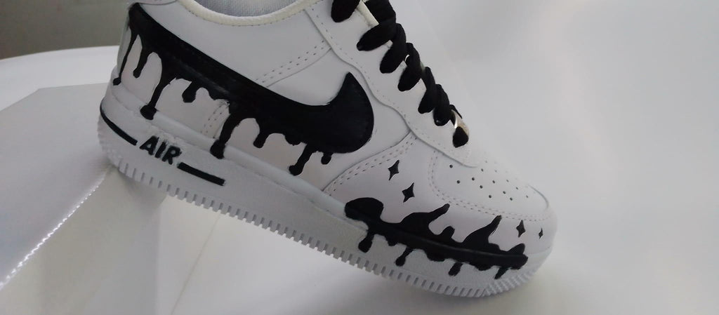 Air Force Style Custom Black Drip Sneakers-Hand Painted White Shoes -Unisex Streetwear Sneakers