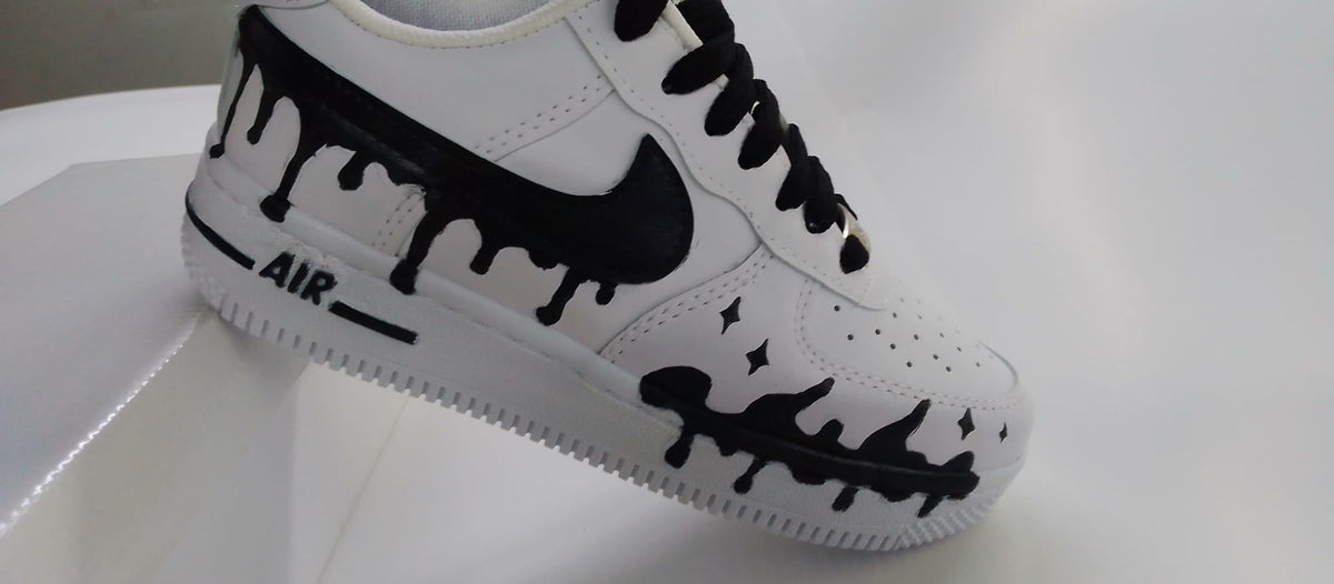 Air Force Style Custom Black Drip Sneakers-Hand Painted White Shoes -Unisex Streetwear Sneakers