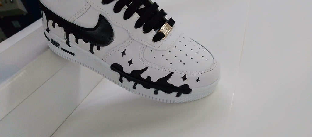 Air Force Style Custom Black Drip Sneakers-Hand Painted White Shoes -Unisex Streetwear Sneakers