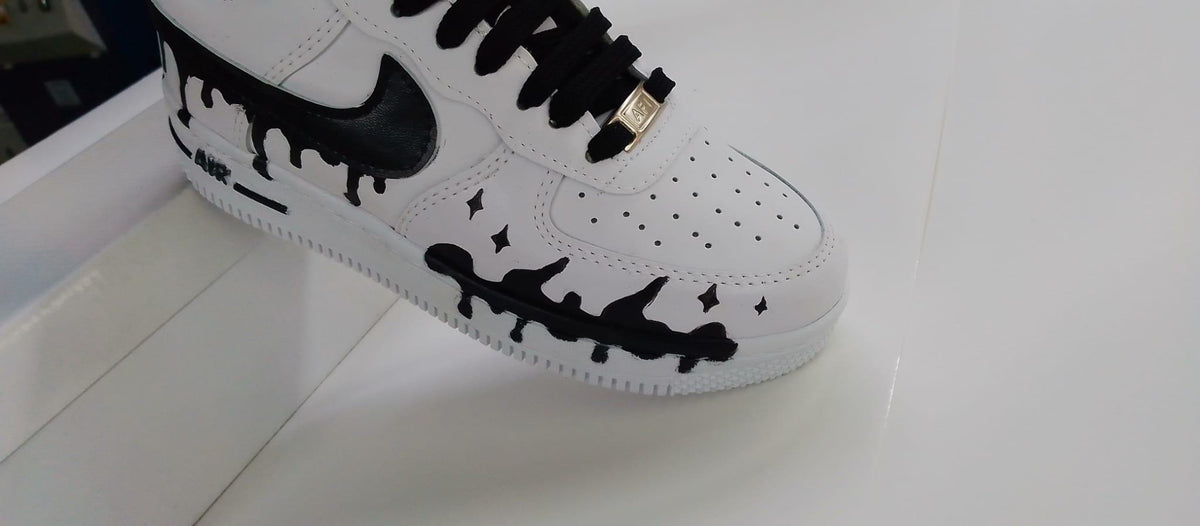 Air Force Style Custom Black Drip Sneakers-Hand Painted White Shoes -Unisex Streetwear Sneakers
