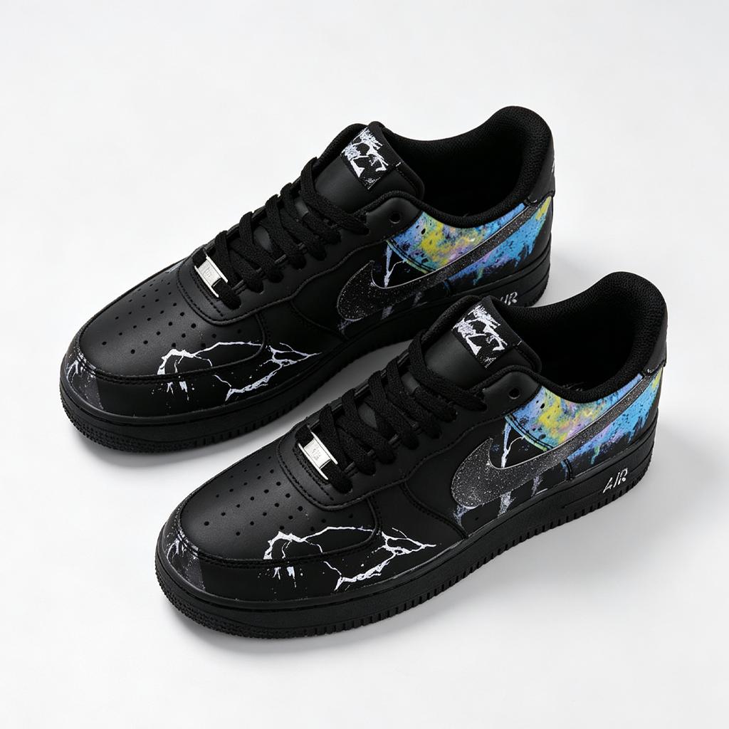 Custom AF1 Shoes, Black Nebula Lightning Air Force 1, Cosmic Streetwear Sneakers, Customized Footwear, Birthday Graduation Gift