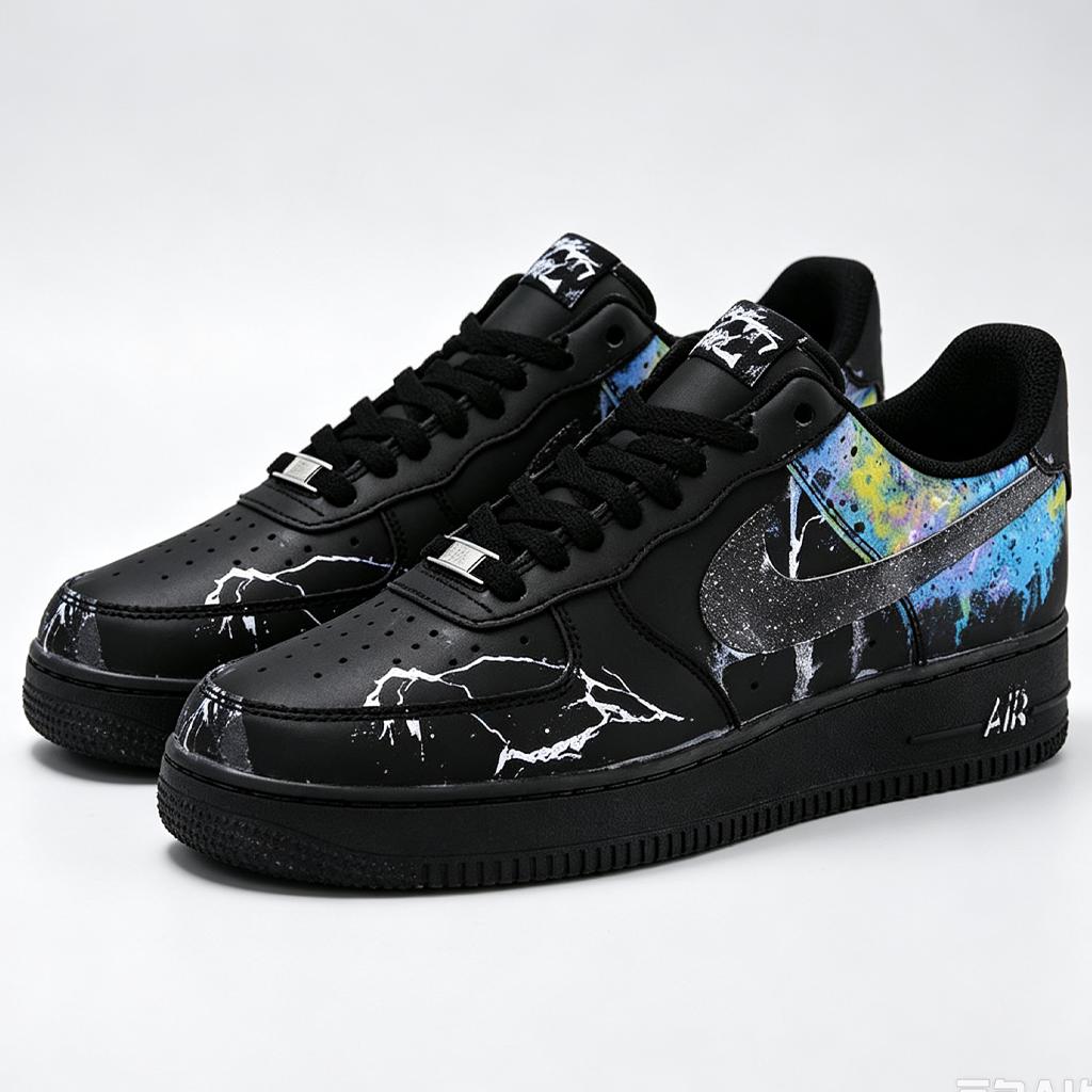 Custom AF1 Shoes, Black Nebula Lightning Air Force 1, Cosmic Streetwear Sneakers, Customized Footwear, Birthday Graduation Gift