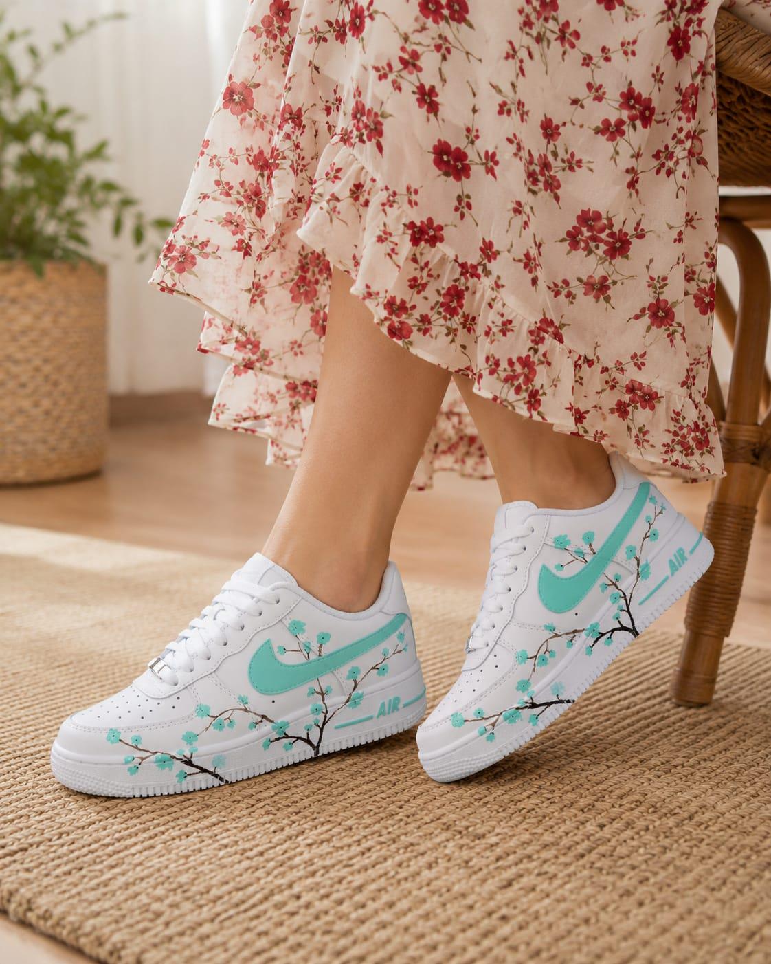 Air Force Style Custom Hand Painted Sneakers -Mint Cherry Blossom Shoes-Floral White Sneakers