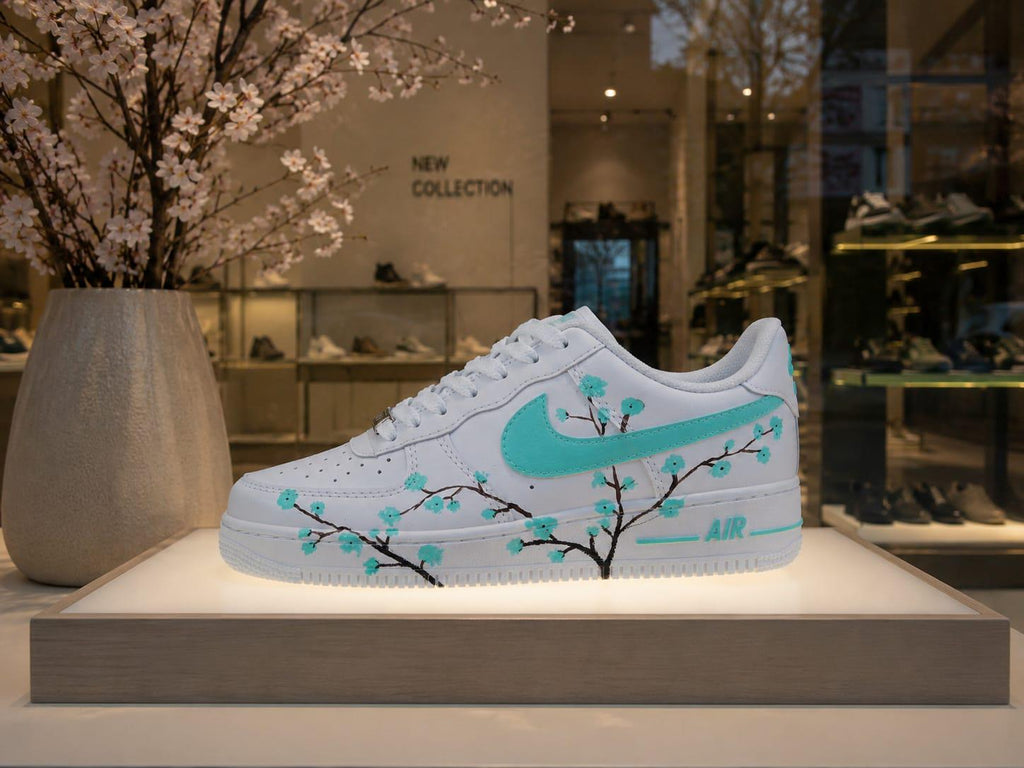 Air Force Style Custom Hand Painted Sneakers -Mint Cherry Blossom Shoes-Floral White Sneakers