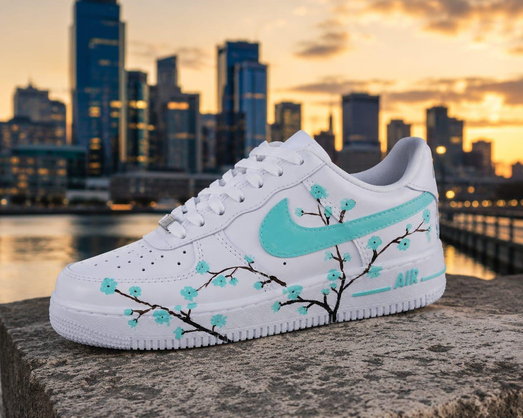 Air Force Style Custom Hand Painted Sneakers -Mint Cherry Blossom Shoes-Floral White Sneakers