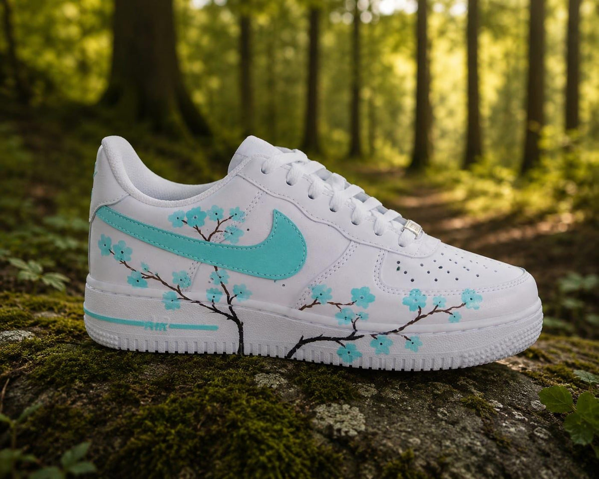 Air Force Style Custom Hand Painted Sneakers -Mint Cherry Blossom Shoes-Floral White Sneakers