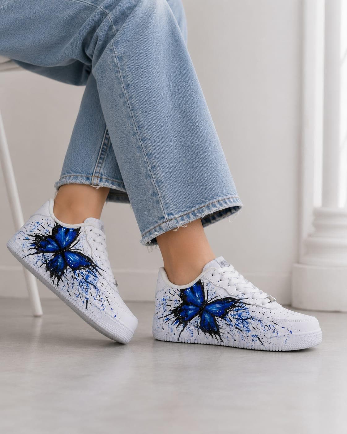 Air Force Style Hand Painted Blue Butterfly Sneakers-Custom Butterfly Shoes-Artistic Women’s Casual Shoes-Unigue Gift