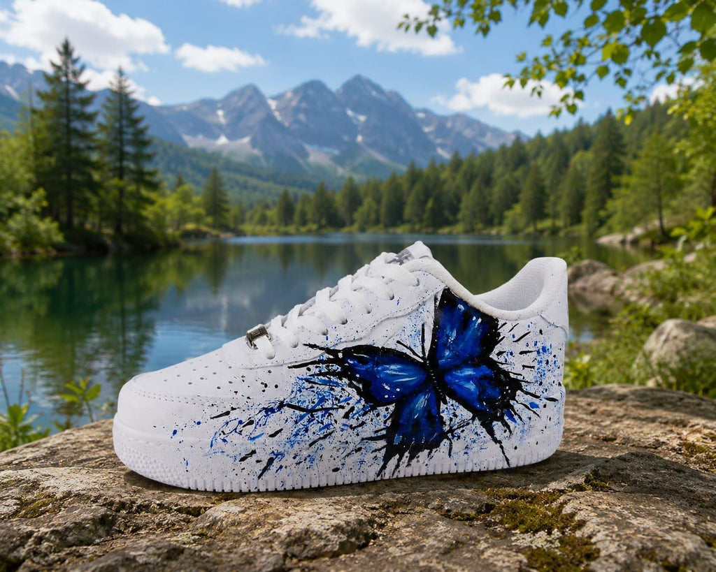 Air Force Style Hand Painted Blue Butterfly Sneakers-Custom Butterfly Shoes-Artistic Women’s Casual Shoes-Unigue Gift