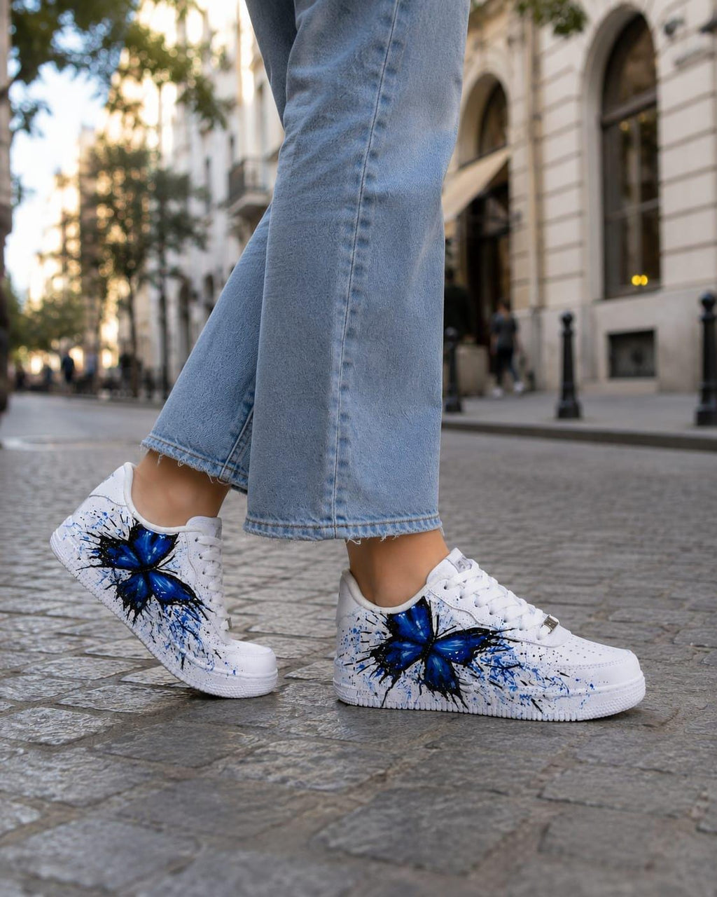 Air Force Style Hand Painted Blue Butterfly Sneakers-Custom Butterfly Shoes-Artistic Women’s Casual Shoes-Unigue Gift