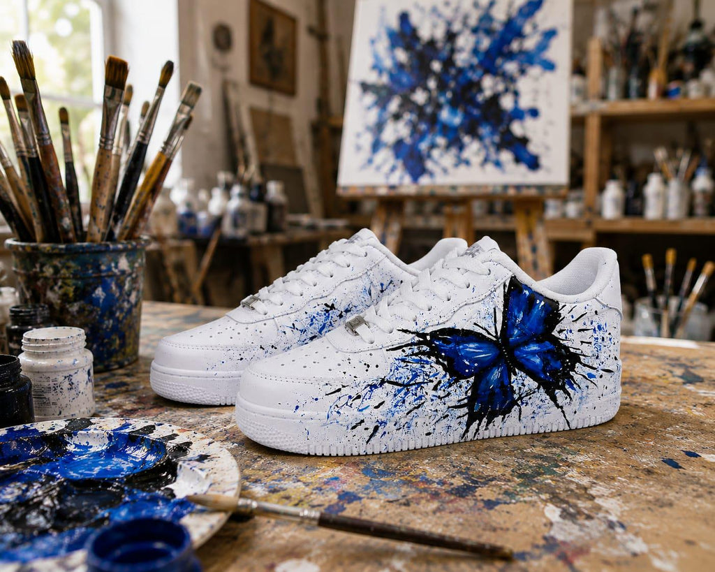 Air Force Style Hand Painted Blue Butterfly Sneakers-Custom Butterfly Shoes-Artistic Women’s Casual Shoes-Unigue Gift