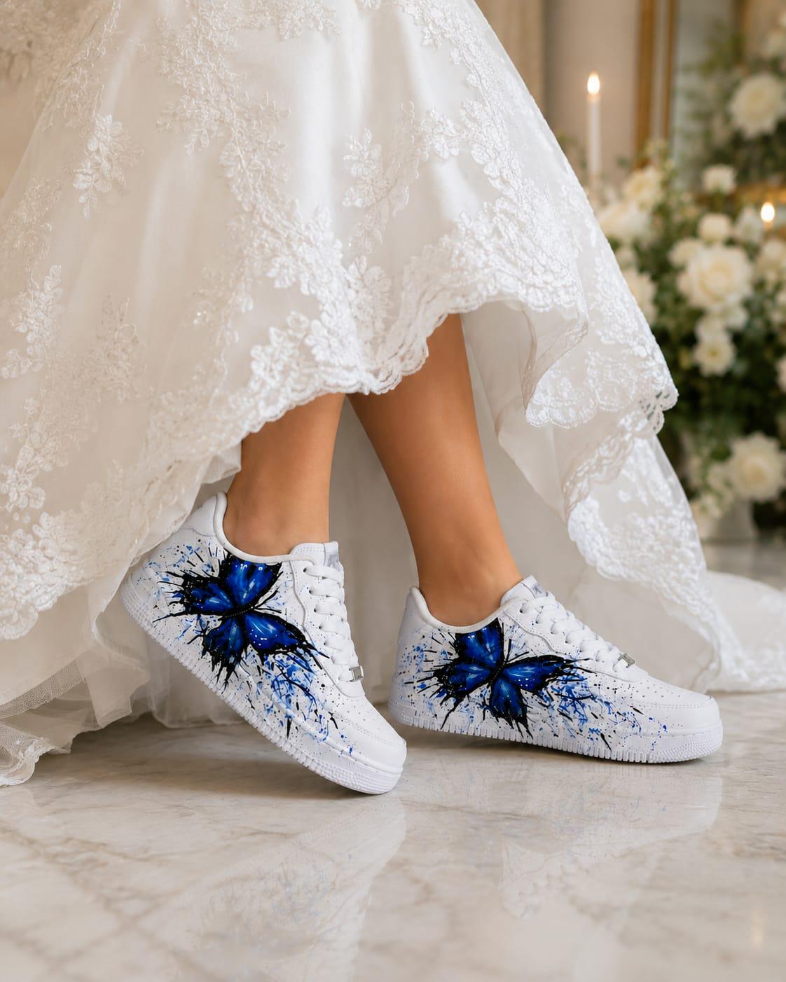 Air Force Style Hand Painted Blue Butterfly Sneakers-Custom Butterfly Shoes-Artistic Women’s Casual Shoes-Unigue Gift