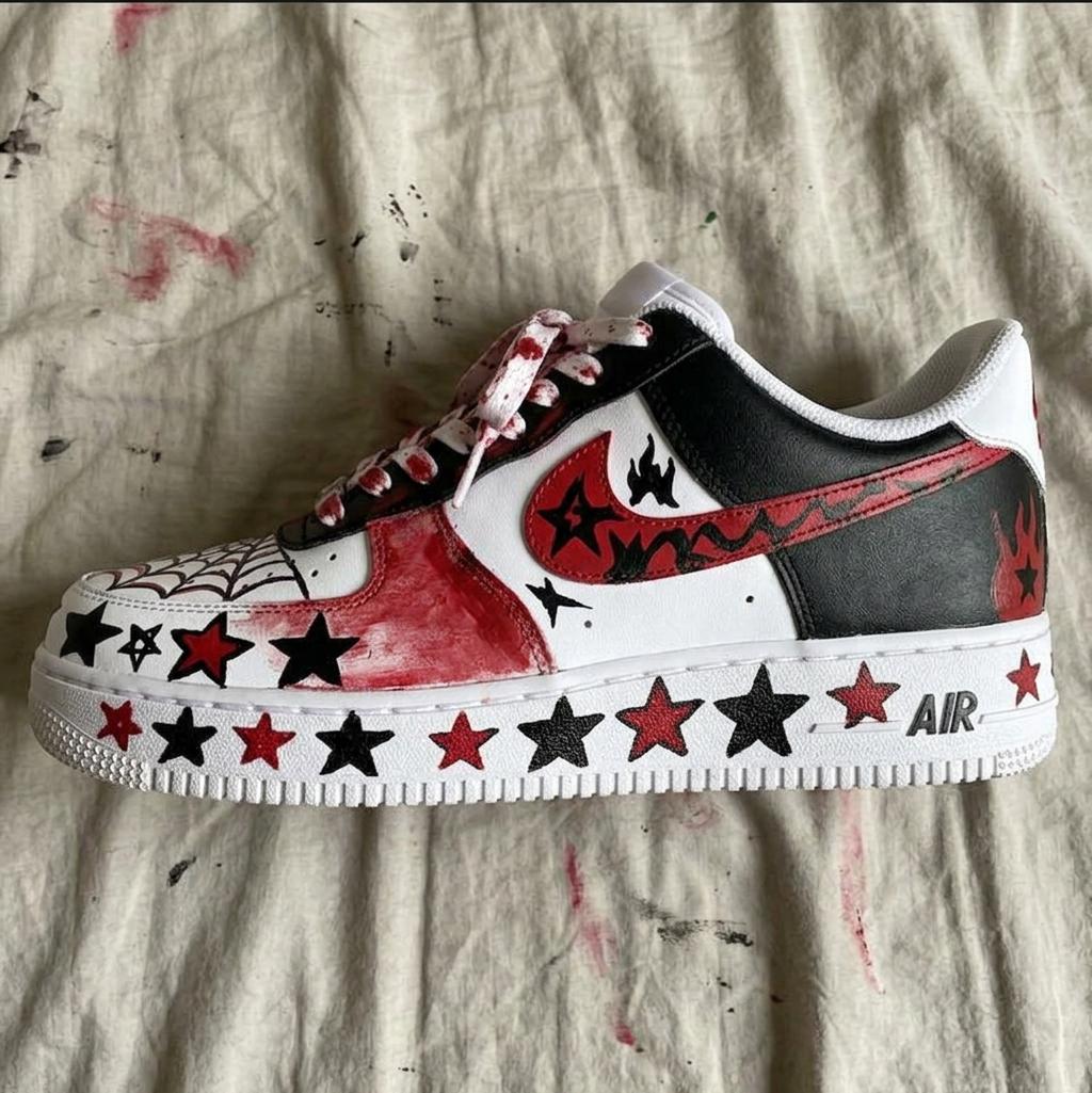 Custom Air Force 1,Hand Painted Spiderweb Sneakers, Red Star Shoes, Streetwear Fashion Sneakers, Unique Art Shoes For Him