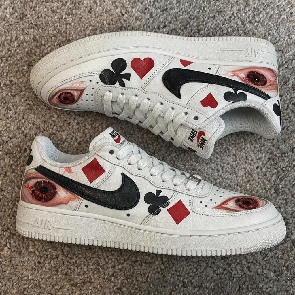 Custom AF1 Surreal Playing Cards Sneakers – Handcrafted Red And Black Suit Kicks – Unique Birthday And Holiday Gift Idea