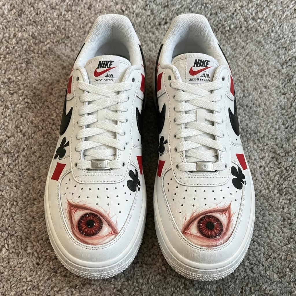 Custom AF1 Surreal Playing Cards Sneakers – Handcrafted Red And Black Suit Kicks – Unique Birthday And Holiday Gift Idea