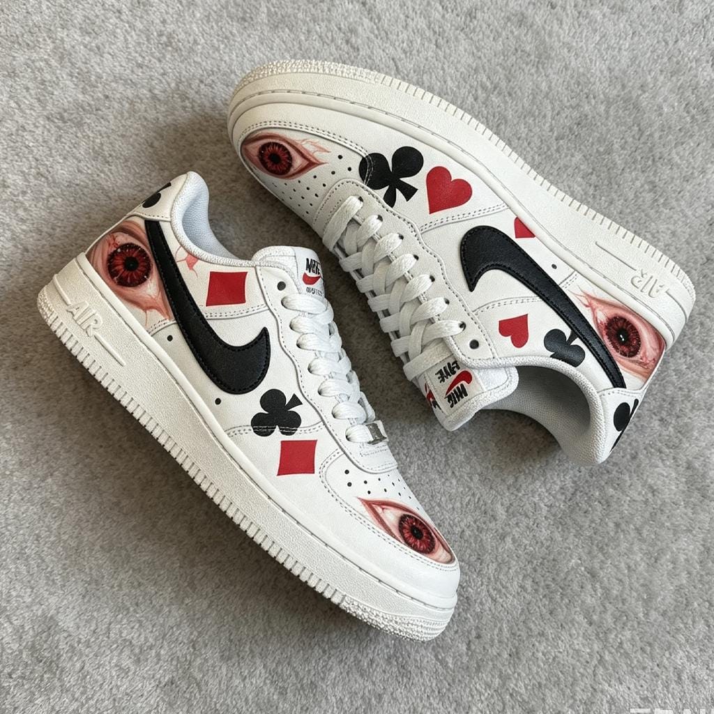 Custom AF1 Surreal Playing Cards Sneakers – Handcrafted Red And Black Suit Kicks – Unique Birthday And Holiday Gift Idea