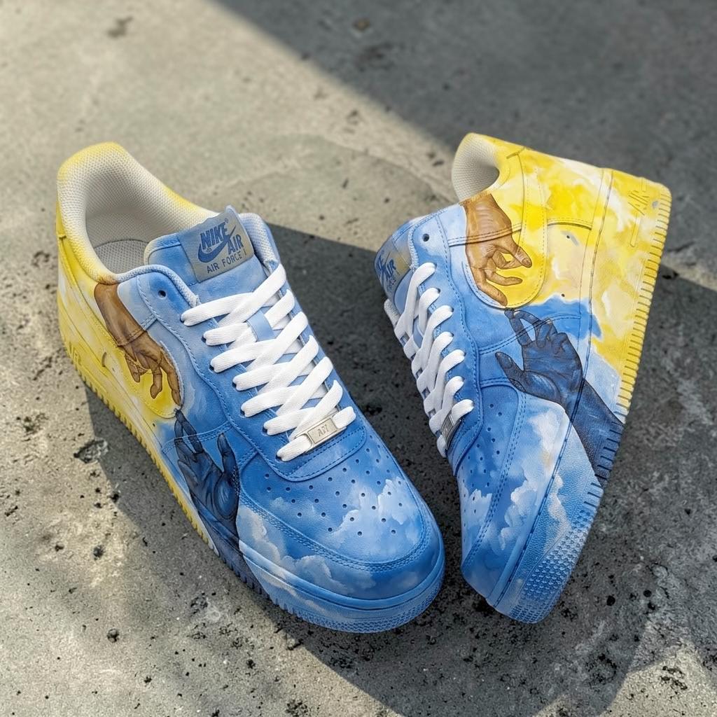 Custom Blue Yellow Hand Sneakers, Hand Painted Cloud Shoes, Unique Artistic Sneakers, Personalized Shoes For Men Women