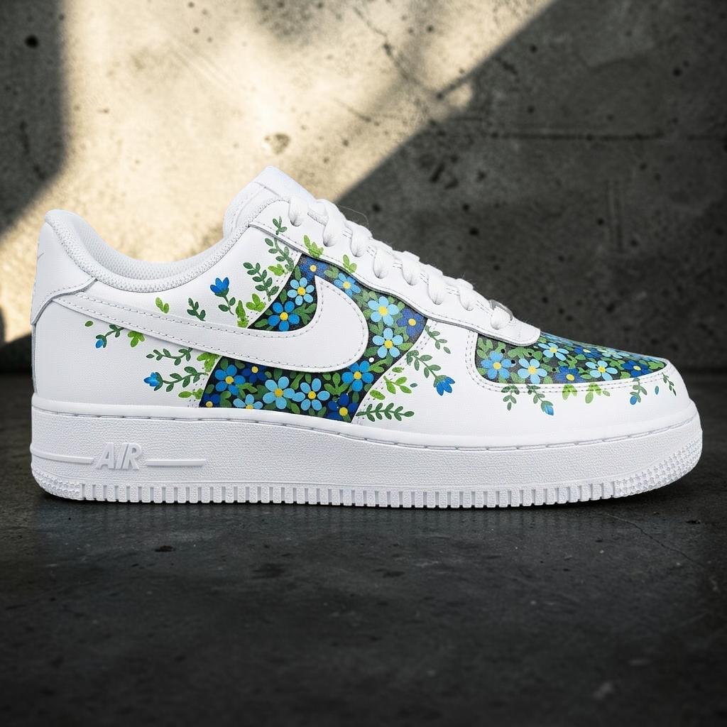 Blue Floral Custom Shoes, Botanical Garden Sneakers, Handmade Flower Pattern Sneakers, Nature Inspired Footwear, Personalized Gift